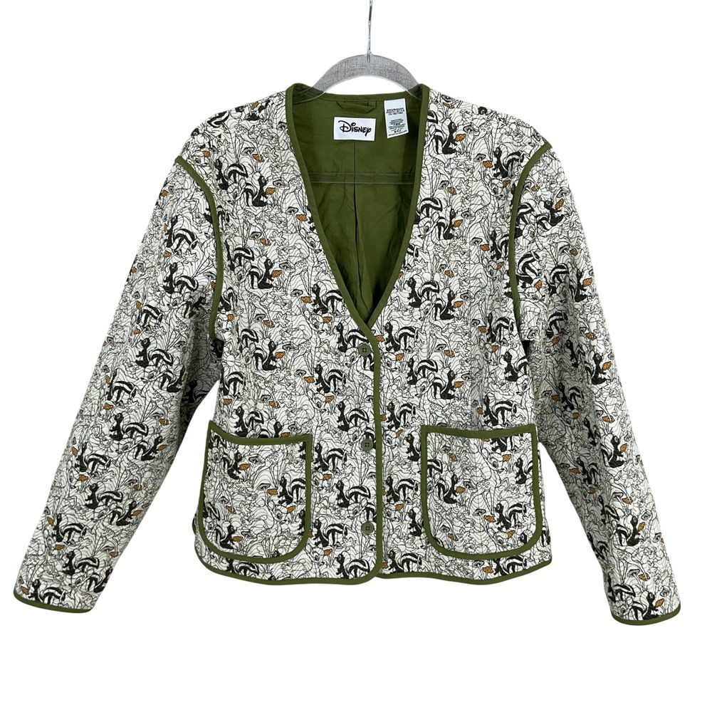 Disney Quilted‎ Jacket Women XL Green Cotton Bambi Flower Skunk Vintage Style